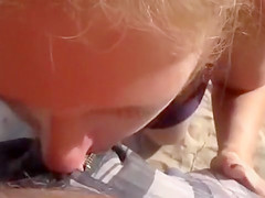 Public blowjob at the beach with wife and cum on her ass