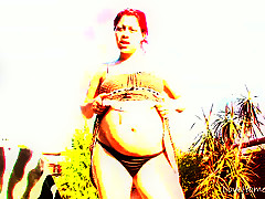 Sexy pregnant redhead is outdoors sucking and riding