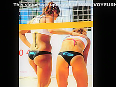 Beach volleyball girls with athletic asses in bikini bottoms