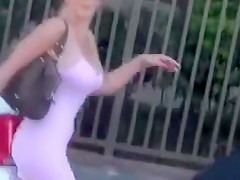 Incredible blonde bombshell flashing and sucking cock in public
