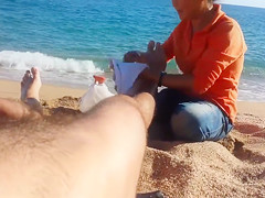 Older Asian bitch massages a guy's hairy legs admiring his big cock