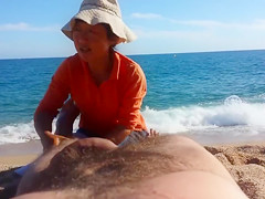 Older Asian bitch massages a guy's hairy legs admiring his big cock