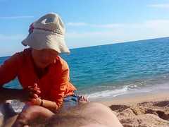 Older Asian bitch massages a guy's hairy legs admiring his big cock