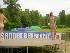 Stunning competitors wear flimsy bikinis to a beauty pageant