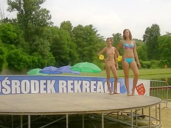 Stunning competitors wear flimsy bikinis to a beauty pageant