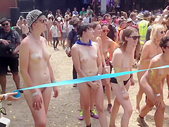 Naked students get ready to compete in a marathon