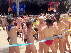 Naked students get ready to compete in a marathon