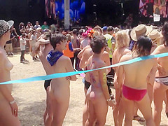 Naked students get ready to compete in a marathon