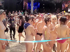 Naked students get ready to compete in a marathon