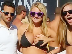 Blonde babe in black bikini has huge tits