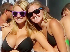 Blonde babe in black bikini has huge tits