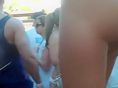 Two flirtatious Latina sweeties enjoyed making out at the outdoor party
