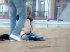 Young European lovers has hot morning sex on the sandy beach