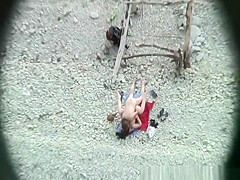 Chubby fuck and cum on tits at beach