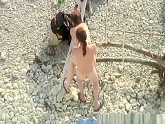 Chubby fuck and cum on tits at beach