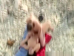 Chubby fuck and cum on tits at beach