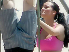 Busty fit girl does a beach workout