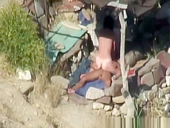 Skinny couple hard fuck at beach