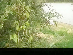 Horny couple in river beach shore caught fucking