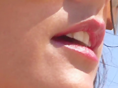 Amazing brunette in open sling bikini