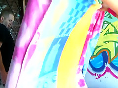 Skinny girl with big saggy tits has sex with a friend