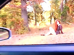 Hot redhead fucked on car