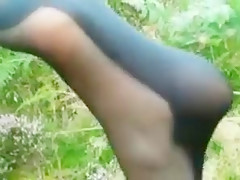 Mature wife naked outside in her holdups