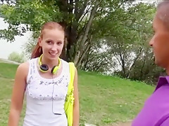 Pretty but skinny redhead seduced to have sex outdoors