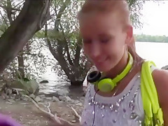 Pretty but skinny redhead seduced to have sex outdoors