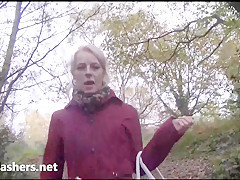 Sexy blonde exhibitionist April strips naked outdoors and amateur babe flashing outside with skinny cutie in public nudi