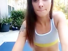 Skinny webcam girl doing yoga outside