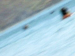 Foxy brunette in a blue bottom bikini and flippers on a nude beach