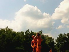 Naked bodies at private nudist beach