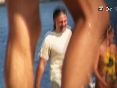 A nude beach voyeur films a funny girl with a pineapple painted on her ass