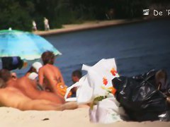 A nude beach voyeur films a funny girl with a pineapple painted on her ass