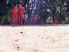 Naked valley at the nudist beach with girls and audlts