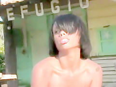 Awesome tanned hotties sharing huge hard cock outdoors in their assholes