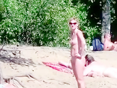 Nude beach - pointy little tits babe - embarrassed