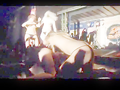Four topless girls on stage, feeling each other