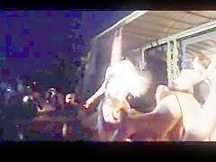 Four topless girls on stage, feeling each other