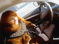 Sexy BBW Katrin Porto in fur coat shows her hairy cunt outdoor