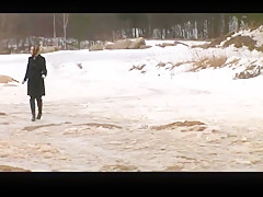 college girl peeing outdors in the snow