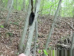 Sex slave wife bondaged and used by several guys outdoors