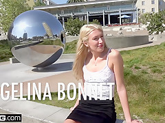 Russian MILF Angelina Bonnet flashes her tits in public