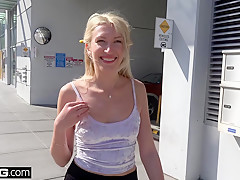 Russian MILF Angelina Bonnet flashes her tits in public