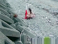 Giant road cone fuck at a public beach