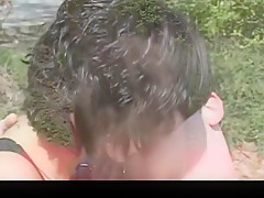 Two skinny sluts, blowjob masters have outdoor sex with a lucky guy