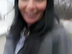 Hot brunette MILF with great tits outdoors sex