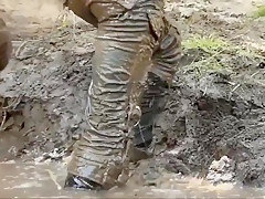 Three Girls in Mud in Winter Clothes