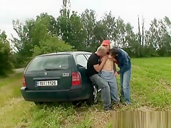 Old bitch takes two cocks outdoors
